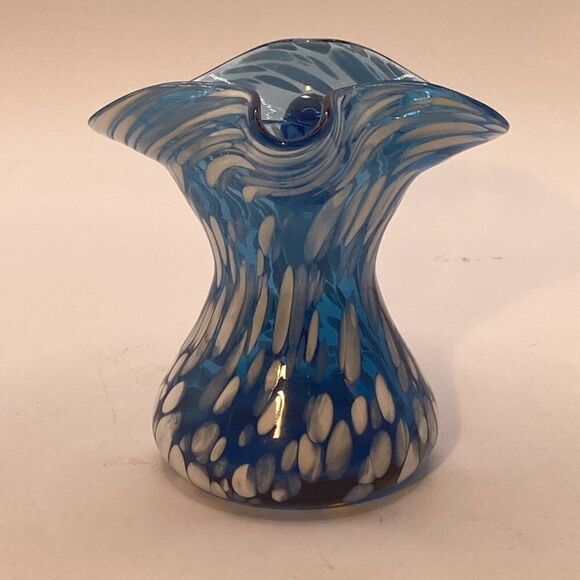 Rainbow Small Mini Pitcher Splatter Vase Blue White Hand Blown Hand Painted - Picture 4 of 13